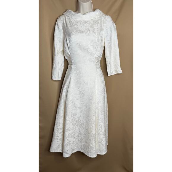 Unique Vintage Stunning Creamy White Jacquard Dress M 6 8 NWOT Wedding Party - Picture 4 of 9